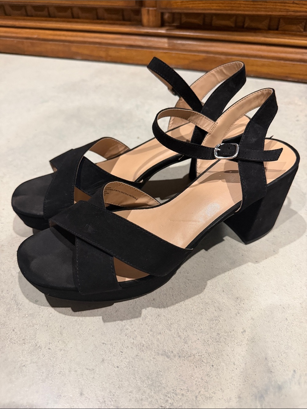 a new day Black Suede Block Heel Sandals with Ankle Strap